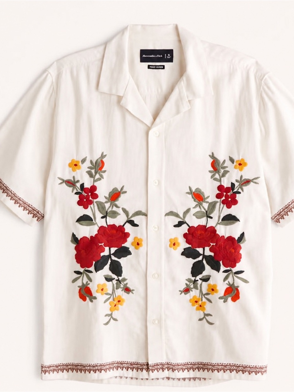 Abercrombie & Fitch Men's White Floral Embroidered Linen Camp Shirt Sz XL
